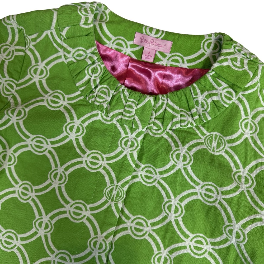 Lilly Pulitzer Green Geometric Ruffle Jacket Womens 2 Pink Lining‎ Bell Sleeve